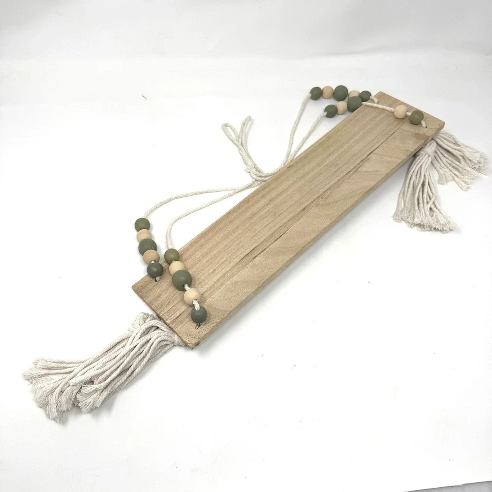 Macrame Hanging Wall Shelf Wood Swing Floating Boho Sage Green Bead Tassel Decor
